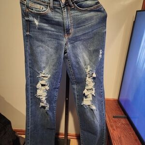 Judy Blue Distressed Straight-Leg Jeans in Medium Blue
